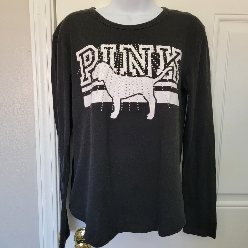 PINK Victoria's Secret Rhinestone Bling Dog Long Sleeve T Shirt Black White Med